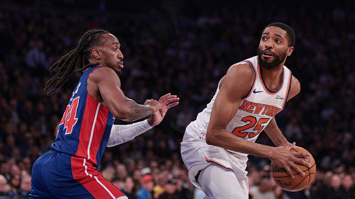 Feb 19, 2026; New York, New York, USA; New York Knicks guard Mikal Bridges (25) looks to the basket  against Detroit Pistons guard Daniss Jenkins (24) during the first half at Madison Square Garden. Mandatory Credit: Vincent Carchietta-Imagn Images
