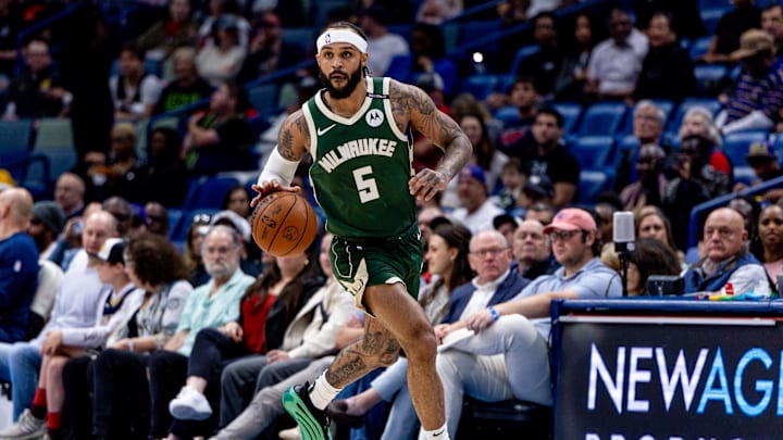 Apr 6, 2025; New Orleans, Louisiana, USA; Milwaukee Bucks guard Gary Trent Jr. (5) brings the ball up court against the New Orleans Pelicans during the first half at Smoothie King Center. Mandatory Credit: Stephen Lew-Imagn Images Apr 6, 2025; New Orleans, Louisiana, USA; Milwaukee Bucks guard Gary Trent Jr. (5) brings the ball up court against the New Orleans Pelicans during the first half at Smoothie King Center. Mandatory Credit: Stephen Lew-Imagn Images