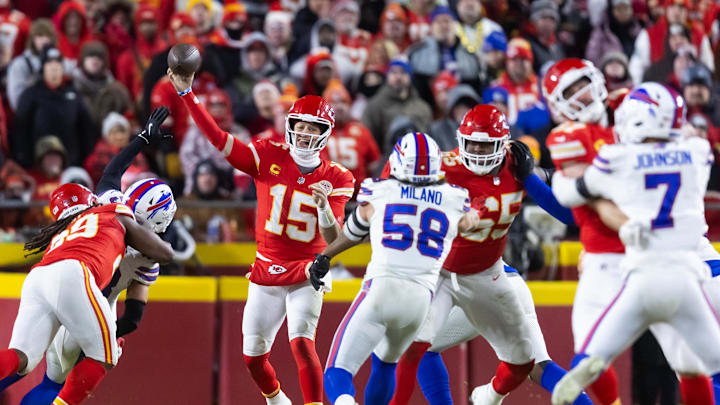 Jan 26, 2025; Kansas City, MO, USA; Kansas City Chiefs quarterback Patrick Mahomes (15) against the Buffalo Bills in the AFC Championship game at GEHA Field at Arrowhead Stadium. Mandatory Credit: Mark J. Rebilas-Imagn Images