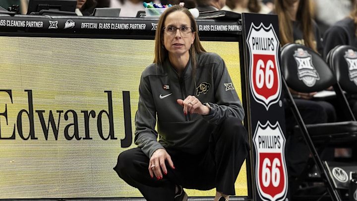 Mar 7, 2026; Kansas City, MO, USA; Colorado Buffaloes head coach Jr. Payne watches the run of play against the West Virginia Mountaineers during the first half at T-Mobile Center. Mandatory Credit: Nick Tre. Smith-Imagn Images Mar 7, 2026; Kansas City, MO, USA; Colorado Buffaloes head coach Jr. Payne watches the run of play against the West Virginia Mountaineers during the first half at T-Mobile Center. Mandatory Credit: Nick Tre. Smith-Imagn Images