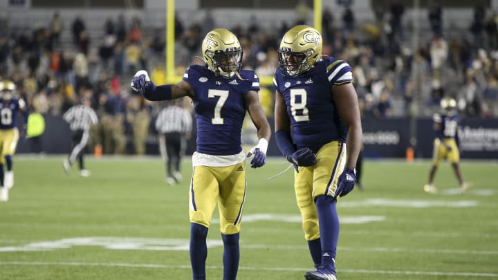 Oct 20, 2022; Atlanta, Georgia, USA; Georgia Tech Yellow Jackets defensive back Zamari Walton (7) celebrates with defensive lineman Makius Scott (8) after an interception against the Virginia Cavaliers in the first half at Bobby Dodd Stadium. Mandatory Credit: Brett Davis-USA TODAY Sports
Oct 20, 2022; Atlanta, Georgia, USA; Georgia Tech Yellow Jackets defensive back Zamari Walton (7) celebrates with defensive lineman Makius Scott (8) after an interception against the Virginia Cavaliers in the first half at Bobby Dodd Stadium. Mandatory Credit: Brett Davis-USA TODAY Sports