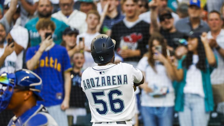 Seattle Mariners left fielder Randy Arozarena (56) celebrates after hitting a solo-home run against the Kansas City Royals during the fourth inning at T-Mobile Park on June 30. 