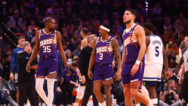 Jan 29, 2025; Phoenix, Arizona, USA; Phoenix Suns forward Kevin Durant (35) with guard Bradley Beal (3) and Devin Booker (1) against the Minnesota Timberwolves at Footprint Center. Mandatory Credit: Mark J. Rebilas-Imagn Images Jan 29, 2025; Phoenix, Arizona, USA; Phoenix Suns forward Kevin Durant (35) with guard Bradley Beal (3) and Devin Booker (1) against the Minnesota Timberwolves at Footprint Center. Mandatory Credit: Mark J. Rebilas-Imagn Images