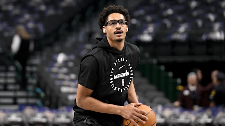 Jan 27, 2025; Dallas, Texas, USA; Washington Wizards guard Jordan Poole (13) warms up before the game against the Dallas Mavericks at the American Airlines Center. Mandatory Credit: Jerome Miron-Imagn Images