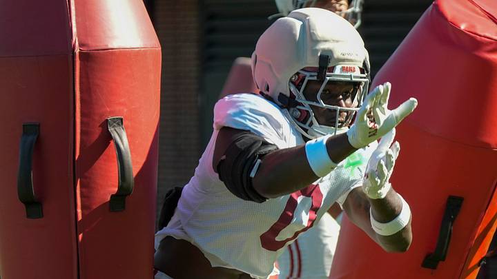 April 7, 2026; Tuscaloosa, AL, USA; Alabama linebacker Yhonzae Pierre does a drill during Spring Practice at the University of Alabama.