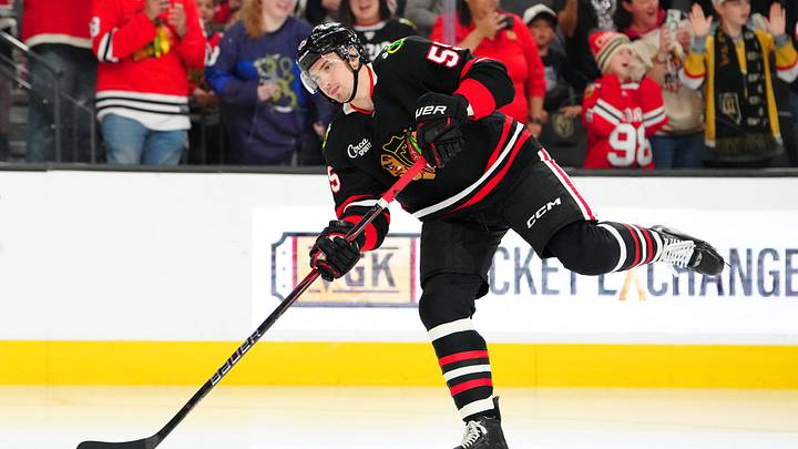 Mar 14, 2026; Las Vegas, Nevada, USA; Chicago Blackhawks defenseman Artyom Levshunov (55) warms up before a game against the Vegas Golden Knights at T-Mobile Arena. Mandatory Credit: Stephen R. Sylvanie-Imagn Images
