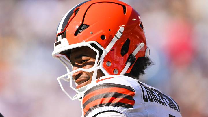 Oct 25, 2026; Nashville, Tennessee, USA;  Cleveland Browns wide receiver Kc Concepcion (1) watches on against the Tennessee Titans during the second half at Nissan Stadium. Mandatory Credit: Steve Roberts-Imagn Images