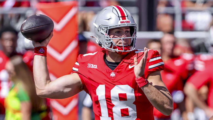 Sep 21, 2024; Columbus, Ohio, USA;  Ohio State Buckeyes quarterback Will Howard (18) drops to throw during the first quarter against the Marshall Thundering Herd at Ohio Stadium. Mandatory Credit: Joseph Maiorana-Imagn Images