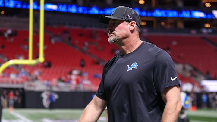 Aug 8, 2025; Atlanta, Georgia, USA; Detroit Lions head coach Dan Campbell before a game against the Atlanta Falcons at Mercedes-Benz Stadium. Mandatory Credit: Brett Davis-Imagn Images