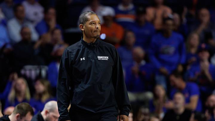 Feb 17, 2026; Gainesville, Florida, USA; South Carolina Gamecocks head coach Lamont Paris looks on against the Florida Gators during the first half at Exactech Arena at the Stephen C. O'Connell Center. Mandatory Credit: Matt Pendleton-Imagn Images