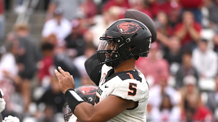 Sep 23, 2023; Pullman, Washington, USA; Oregon State Beavers quarterback DJ Uiagalelei (5) throws a