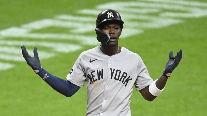 Jun 9, 2026; Cleveland, Ohio, USA; New York Yankees second baseman Jazz Chisholm Jr. (13) reacts after hitting a solo home run in the eighth inning against the Cleveland Guardians at Progressive Field. Mandatory Credit: David Richard-Imagn Images Jun 9, 2026; Cleveland, Ohio, USA; New York Yankees second baseman Jazz Chisholm Jr. (13) reacts after hitting a solo home run in the eighth inning against the Cleveland Guardians at Progressive Field. Mandatory Credit: David Richard-Imagn Images