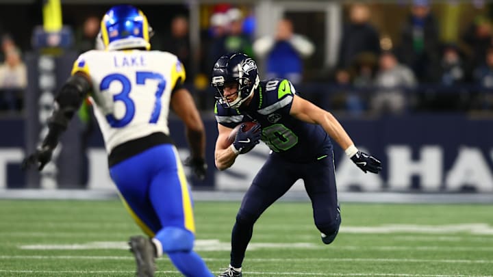 Jan 25, 2026; Seattle, WA, USA; Seattle Seahawks wide receiver Cooper Kupp (10) runs against the Los Angeles Rams during the second half in the 2026 NFC Championship Game at Lumen Field. Mandatory Credit: Kevin Ng-Imagn Images