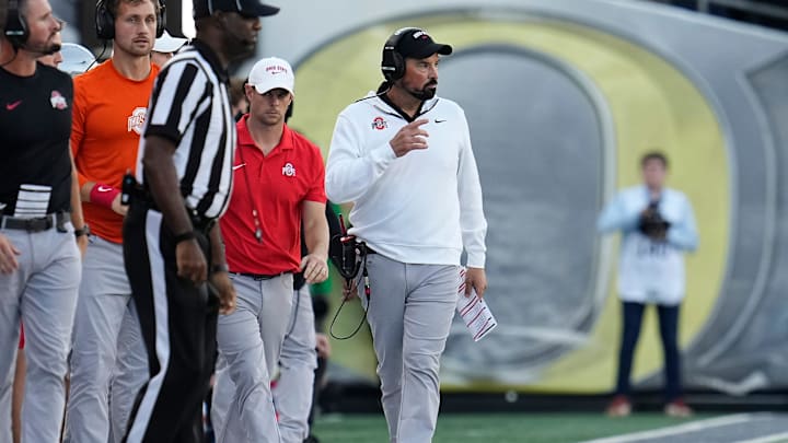 Oct 12, 2024; Eugene, Oregon, USA; Ohio State Buckeyes head coach Ryan Day watches during the first half of the NCAA football game against the Oregon Ducks at Autzen Stadium Oct 12, 2024; Eugene, Oregon, USA; Ohio State Buckeyes head coach Ryan Day watches during the first half of the NCAA football game against the Oregon Ducks at Autzen Stadium
