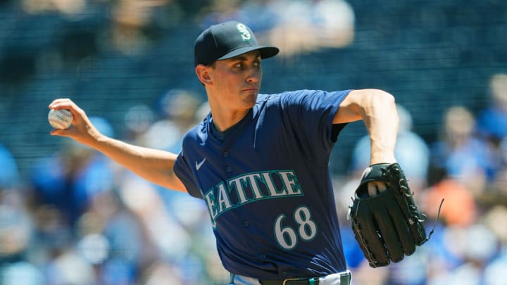 Seattle Mariners starting pitcher George Kirby (68) pitches during the first inning against the Kansas City Royals at Kauffman Stadium on June 9.