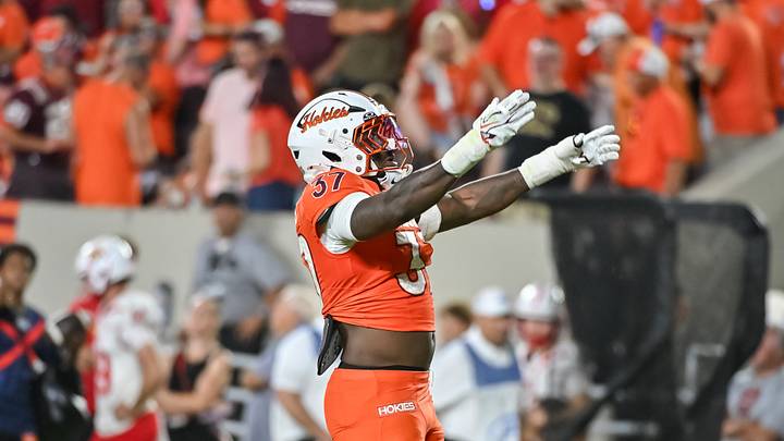 Sep 5, 2026; Blacksburg, Virginia, USA; Virginia Tech Hokies defensive lineman Mylachi Williams (37) celebrates a tackle for a loss during the second quarter against the VMI Keydets at Lane Stadium. Mandatory Credit: Brian Bishop-Imagn Images Sep 5, 2026; Blacksburg, Virginia, USA; Virginia Tech Hokies defensive lineman Mylachi Williams (37) celebrates a tackle for a loss during the second quarter against the VMI Keydets at Lane Stadium. Mandatory Credit: Brian Bishop-Imagn Images