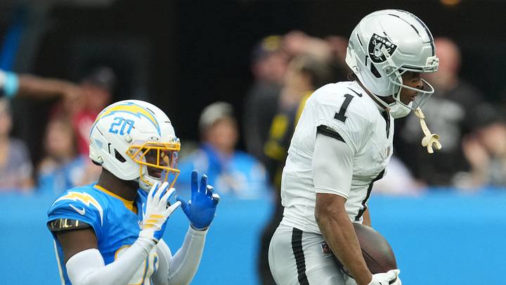 Sep 20, 2026; Inglewood, California, USA; Las Vegas Raiders wide receiver Tre Tucker (1) reacts after a play against Los Angeles Chargers cornerback Cam Hart (20) during the first half at SoFi Stadium. Mandatory Credit: Kirby Lee-Imagn Images Sep 20, 2026; Inglewood, California, USA; Las Vegas Raiders wide receiver Tre Tucker (1) reacts after a play against Los Angeles Chargers cornerback Cam Hart (20) during the first half at SoFi Stadium. Mandatory Credit: Kirby Lee-Imagn Images