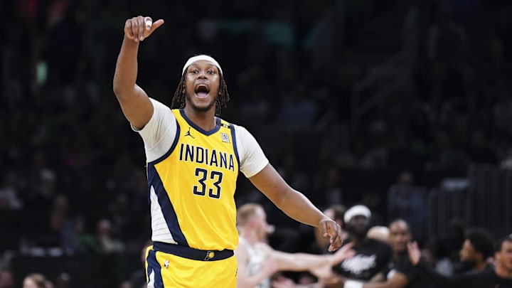 May 21, 2024; Boston, Massachusetts, USA; Indiana Pacers center Myles Turner (33) reacts after a play against the Boston Celtics in the second quarter during game one of the eastern conference finals for the 2024 NBA playoffs at TD Garden. Mandatory Credit: David Butler II-USA TODAY Sports