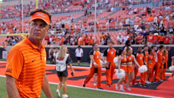 Oklahoma State head football coach Mike Gundy walks of the field following the second half of the college football between the Oklahoma State University Cowboys and the Utah Utes at Boone Pickens Stadium in Stillwater, Okla., Saturday, Sept., 21, 2024.