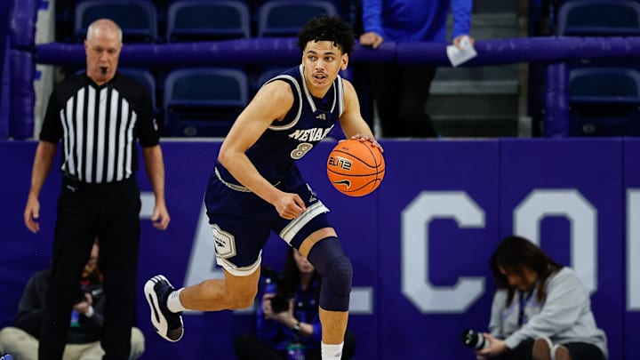 Feb 4, 2025; Colorado Springs, Colorado, USA; Nevada Wolf Pack guard Kobe Sanders (8) controls the ball in the second half against the Air Force Falcons at Clune Arena. Mandatory Credit: Isaiah J. Downing-Imagn Images Feb 4, 2025; Colorado Springs, Colorado, USA; Nevada Wolf Pack guard Kobe Sanders (8) controls the ball in the second half against the Air Force Falcons at Clune Arena. Mandatory Credit: Isaiah J. Downing-Imagn Images