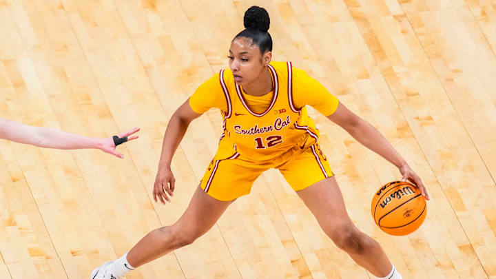 USC Trojans guard JuJu Watkins (12) runs a play Saturday, March 8, 2025, in a semifinals game at the 2025 TIAA Big Ten Women's Basketball Tournament between the Iowa Hawkeyes and the Ohio State Buckeyes at Gainbridge Fieldhouse in Indianapolis.