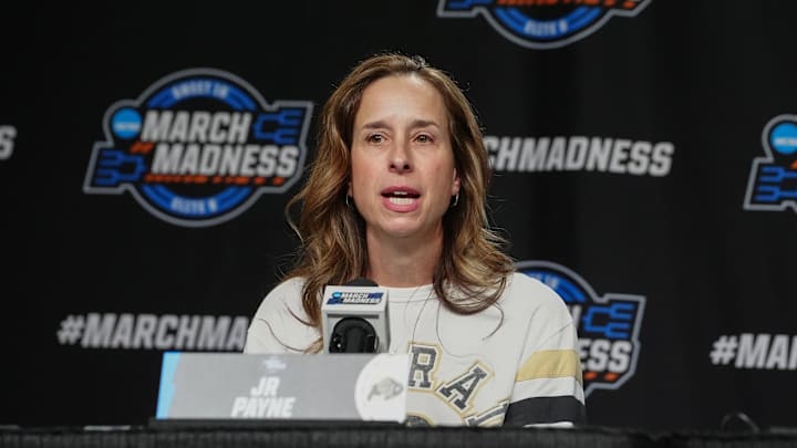 Mar 28, 2024; Albany, NY, USA; Colorado Buffaloes head coach JR Payne answers questions during the press conference prior to their NCAA Tournament Sweet 16 game at MVP Arena. Mandatory Credit: Gregory Fisher-Imagn Images