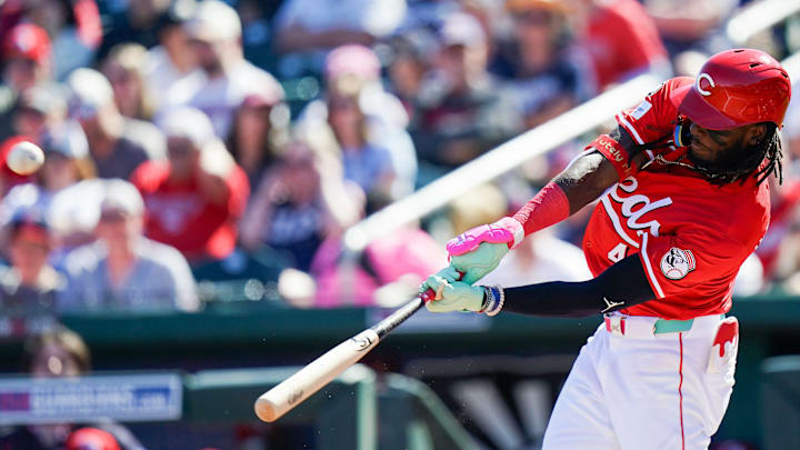 Cincinnati Reds shortstop Elly De La Cruz hits a homer in the first inning of a Cactus League game between the Cincinnati Reds and Cleveland Guardians, Saturday, Feb. 22, 2025, at the Goodyear Ballpark in Goodyear, Ariz.