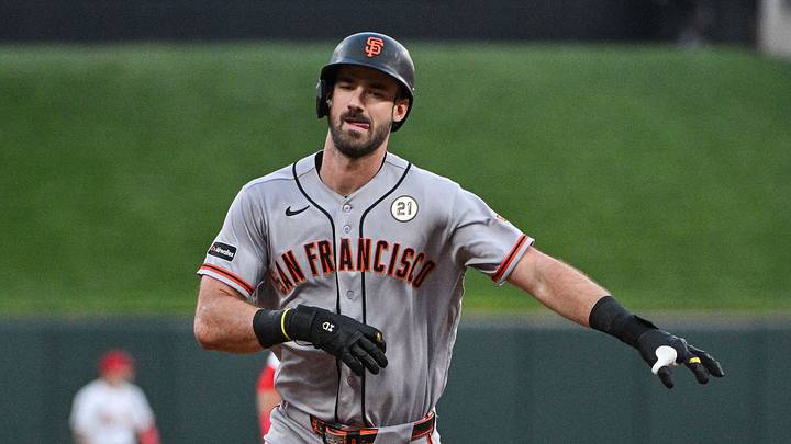 St. Louis, Missouri, USA; San Francisco Giants first baseman Bryce Eldridge (8) reacts as he runs the bases after hitting a two run home run against the St. Louis Cardinals during the first inning at Busch Stadium. Mandatory Credit: Jeff Curry-Imagn Images