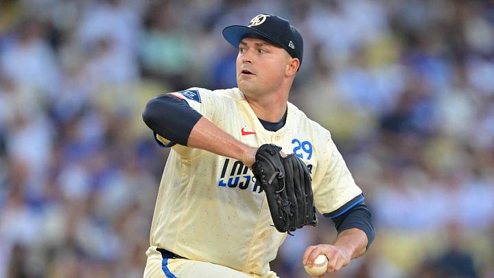 Dodgers pitcher Tarik Skubal (29) pitches against the Giants.  Credit: Jayne Kamin-Oncea-Imagn 