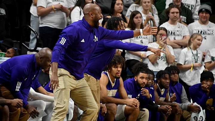Nov 19, 2023; East Lansing, Michigan, USA;  Alcorn State Braves head coach Landon Bussie shouts