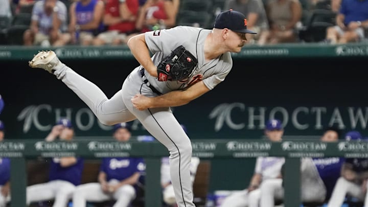 Former Detroit Tigers relief pitcher Tyler Alexander (70) follows through on a pitch during the fifth inning against the Texas Rangers at Globe Life Field.