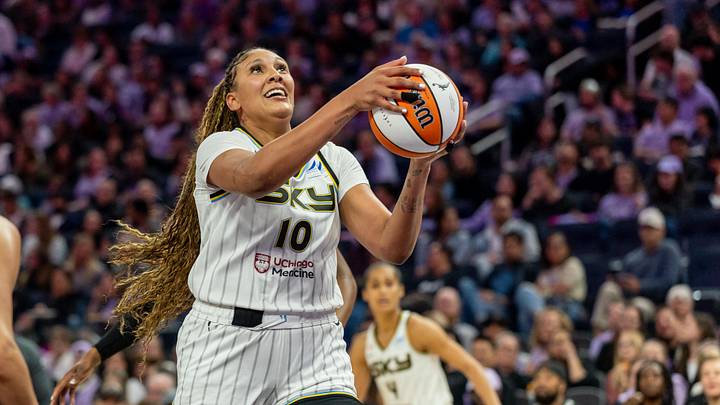 May 13, 2026; San Francisco, California, USA; Chicago Sky center Kamilla Cardoso (10) heads for the basket during the third quarter against the Golden State Valkyries at Chase Center. Mandatory Credit: Bob Kupbens-Imagn Images