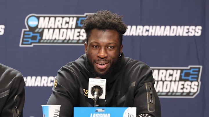 Mar 20, 2024; Salt Lake City, UT, USA; Long Beach State 49ers forward Lassina Traore (23) addresses the media during the NCAA first round practice session at Delta Center.