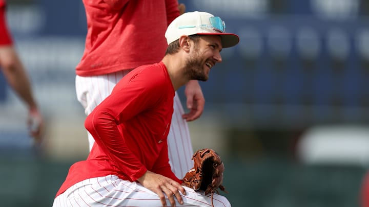 Feb 19, 2025; Clearwater, FL, USA; Philadelphia Phillies shortstop Trea Turner (7) participates in spring training workouts at BayCare Ballpark