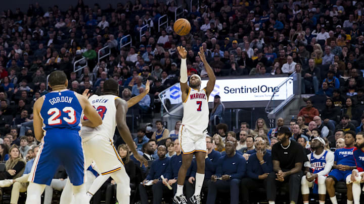 Jan 2, 2025; San Francisco, California, USA; Golden State Warriors guard Buddy Hield (7) takes a three-point shot against the Philadelphia 76ers during the fourth quarter at Chase Center. Mandatory Credit: John Hefti-Imagn Images Jan 2, 2025; San Francisco, California, USA; Golden State Warriors guard Buddy Hield (7) takes a three-point shot against the Philadelphia 76ers during the fourth quarter at Chase Center. Mandatory Credit: John Hefti-Imagn Images
