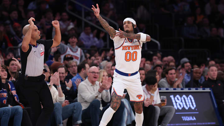 Nov 2, 2025; New York, New York, USA; New York Knicks guard Jordan Clarkson (00) reacts after making a three point basket during the first half against the Chicago Bulls at Madison Square Garden. Mandatory Credit: Vincent Carchietta-Imagn Images