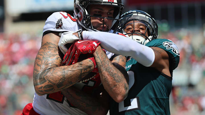 Darius Slay trying to rep the football from Tampa Bay Buccaneers wide receiver Mike Evans (13) . Darius Slay trying to rep the football from Tampa Bay Buccaneers wide receiver Mike Evans (13) .