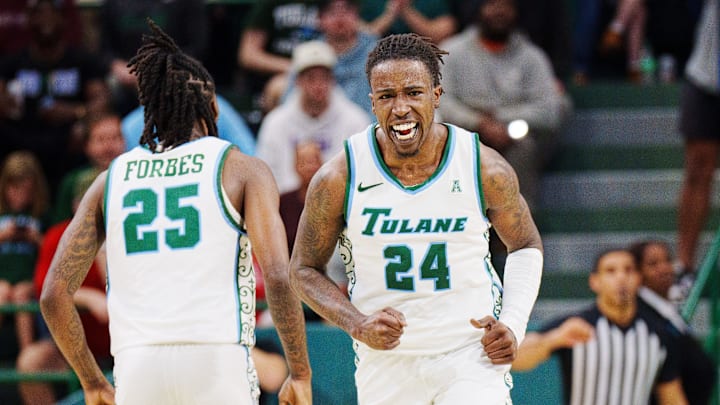 Jan 17, 2023; New Orleans, Louisiana, USA; Tulane Green Wave forward Kevin Cross (24) reacts to