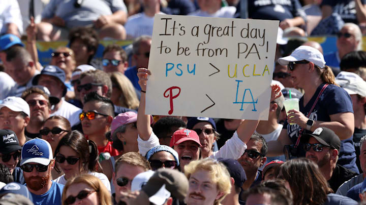 Oct 4, 2025; Pasadena, California, USA;  A Penn State Nittany Lions fan fan shows support during the first half of a football game against the UCLA Bruins at Rose Bowl. Mandatory Credit: Kiyoshi Mio-Imagn Images