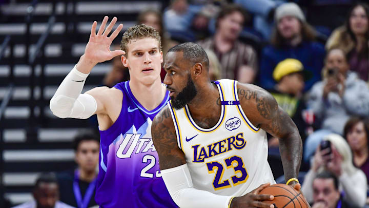 Dec 1, 2024; Salt Lake City, Utah, USA; Utah Jazz forward/center Lauri Markkanen (23) defends Los Angeles Lakers forward LeBron James (23) during the first half at the Delta Center. Mandatory Credit: Christopher Creveling-Imagn Images Dec 1, 2024; Salt Lake City, Utah, USA; Utah Jazz forward/center Lauri Markkanen (23) defends Los Angeles Lakers forward LeBron James (23) during the first half at the Delta Center. Mandatory Credit: Christopher Creveling-Imagn Images