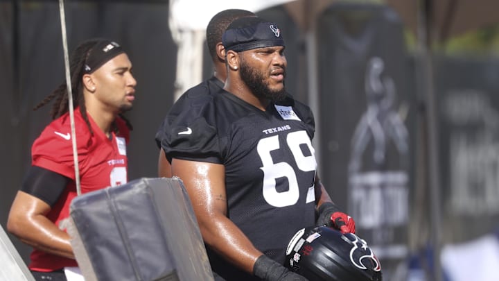 Jul 23, 2025; Houston, TX, USA;  Houston Texans guard Ed Ingram (69) during training camp at Houston Methodist Training Center. Mandatory Credit: Troy Taormina-Imagn Images