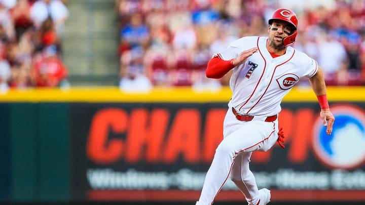 Jul 4, 2026; Cincinnati, Ohio, USA; Cincinnati Reds outfielder Spencer Steer (7) scores on a RBI double hit by catcher Jose Trevino (not pictured) in the second inning against the Baltimore Orioles at Great American Ball Park. Mandatory Credit: Katie Stratman-Imagn Images