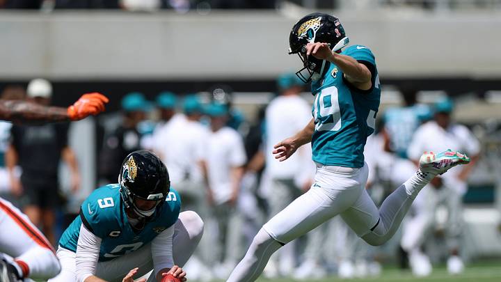 Sep 13, 2026; Jacksonville, Florida, USA; Jacksonville Jaguars kicker Cam Little (39) kicks a field goal on a hold from punter Logan Cooke (9) in the first quarter against the Cleveland Browns at EverBank Stadium. Mandatory Credit: Nathan Ray Seebeck-Imagn Images Sep 13, 2026; Jacksonville, Florida, USA; Jacksonville Jaguars kicker Cam Little (39) kicks a field goal on a hold from punter Logan Cooke (9) in the first quarter against the Cleveland Browns at EverBank Stadium. Mandatory Credit: Nathan Ray Seebeck-Imagn Images