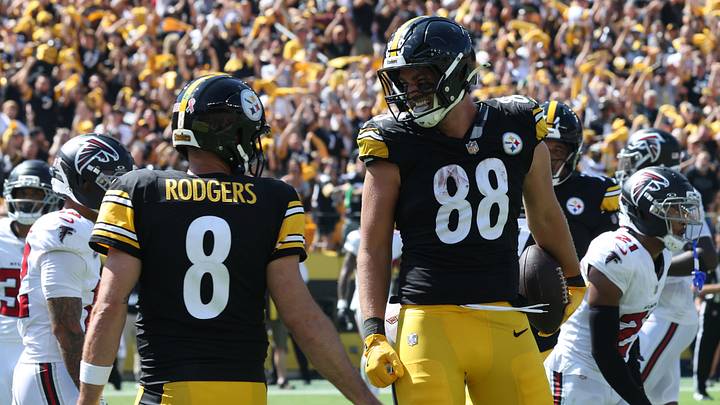 Sep 13, 2026; Pittsburgh, Pennsylvania, USA; Pittsburgh Steelers tight end Pat Freiermuth (88) celebrates with quarterback Aaron Rodgers (8) after a touchdown during the second quarter against the Atlanta Falcons at Acrisure Stadium. Sep 13, 2026; Pittsburgh, Pennsylvania, USA; Pittsburgh Steelers tight end Pat Freiermuth (88) celebrates with quarterback Aaron Rodgers (8) after a touchdown during the second quarter against the Atlanta Falcons at Acrisure Stadium.