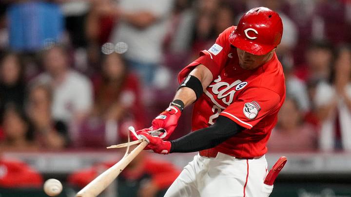 Cincinnati Reds left fielder JJ Bleday (22) breaks his bat a he lines out in the ninth inning of the MLB Interleague game between the Cincinnati Reds and the Kansas City Royals at Great American Ball Park in Cincinnati on Tuesday, June 2, 2026. The Reds won 4-3 on a walkoff hit by Blake Dunn, scoring Spencer Steer from second base in the 10th inning. Cincinnati Reds left fielder JJ Bleday (22) breaks his bat a he lines out in the ninth inning of the MLB Interleague game between the Cincinnati Reds and the Kansas City Royals at Great American Ball Park in Cincinnati on Tuesday, June 2, 2026. The Reds won 4-3 on a walkoff hit by Blake Dunn, scoring Spencer Steer from second base in the 10th inning.