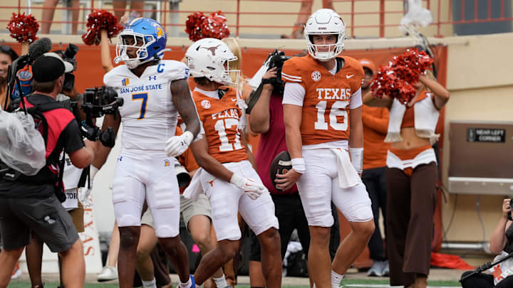 Sep 6, 2025; Austin, Texas, USA; Texas Longhorns quarterback Arch Manning (16) reacts after running for a touchdown during the second half against the San Jose State Spartans at Darrell K Royal-Texas Memorial Stadium. Mandatory Credit: Scott Wachter-Imagn Images