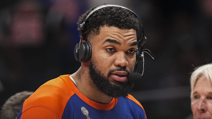 New York Knicks center Karl-Anthony Towns is interviewed on the court after the Knicks defeated the Atlanta Hawks at State Farm Arena. Mandatory Credit: Dale Zanine-Imagn Images New York Knicks center Karl-Anthony Towns is interviewed on the court after the Knicks defeated the Atlanta Hawks at State Farm Arena. Mandatory Credit: Dale Zanine-Imagn Images