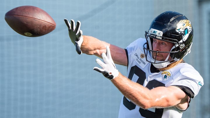 Jacksonville Jaguars wide receiver Trenton Irwin (83) hauls in a pass while running a route during the Jaguars 14th NFL training camp session at Miller Electric Center Tuesday August 12, 2025 in Jacksonville, Fla. The Jaguars travel to New Orleans to play the Saints this Sunday in their second preseason game. [Doug Engle/Florida Times-Union]