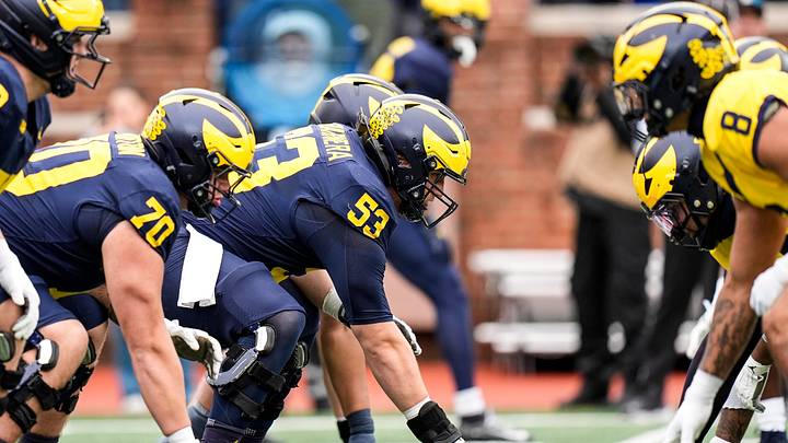 Team Blue offensive lineman Jake Guarnera (53) gets ready for the snap during the spring game at Michigan Stadium in Ann Arbor on Saturday, April 18, 2026.