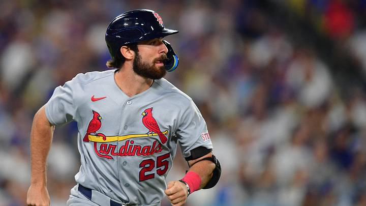 Sep 2, 2026; Los Angeles, California, USA;  St. Louis Cardinals outfielder Thomas Saggese (25) hits a 2 run home run during the sixth inning against the Los Angeles Dodgers at UNIQLO Field at Dodger Stadium.  Mandatory Credit: Gary A. Vasquez-Imagn Images